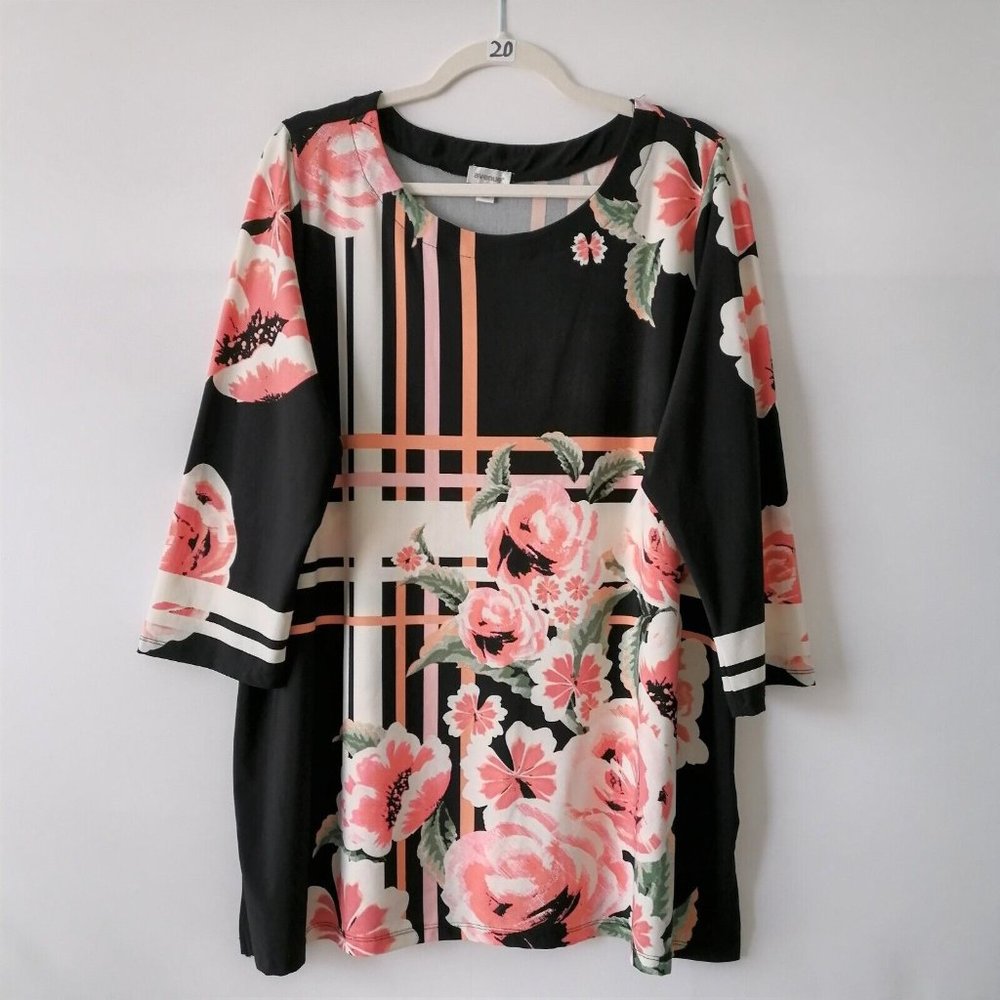 Avenue Womens Black 3/4 Sleeve Round Neck Floral Print Tunic Blouse Top Size 18